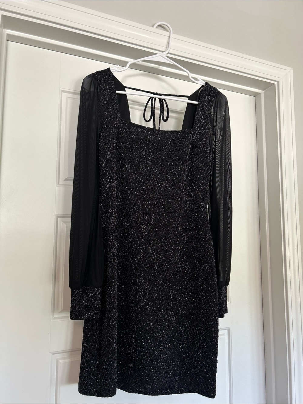 Sheer-Sleeve Black Sparkle Square-Neck Dress